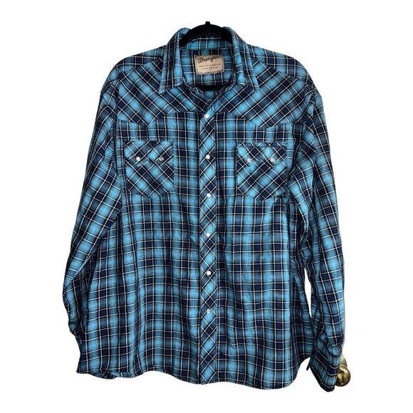 WRANGLER Western Pearl Snap Mens XL Blue Plaid Button Up Long Sleeve Shirt - Picture 1 of 6